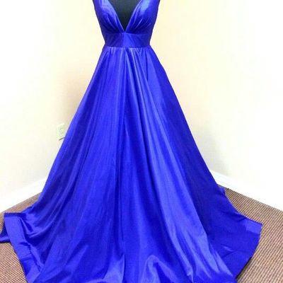  simple  royal blue a-line v neck  long prom dress,wedding dress - Thumbnail 5