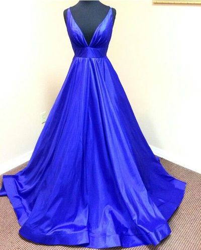  Simple  royal blue A-line v neck  long prom dress,wedding dress