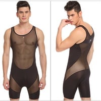 Men's underwear ultra-thin stitching sexy bottom bodysuit wrestling singlet men onesies - Thumbnail 2