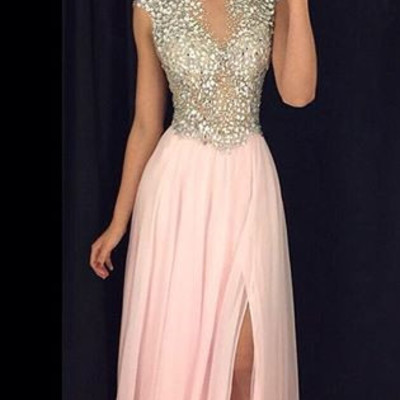 Luxurious a-line sparkly pink prom dress,sexy evening gown, chiffon prom dress with side slit