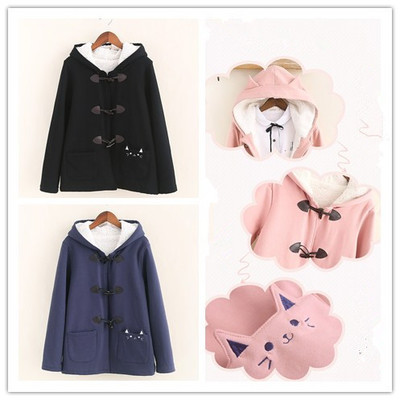 Cute cat ears students hooded  wool coat jacket