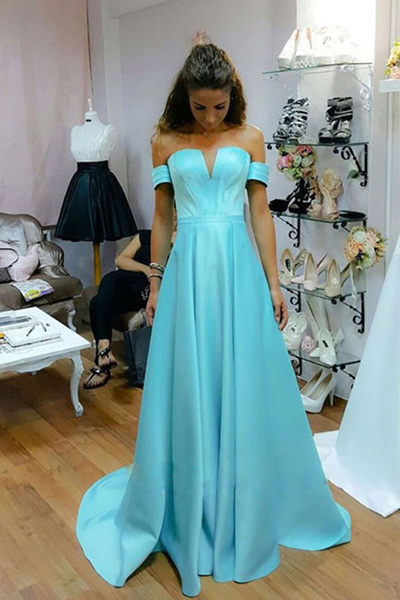 Baby blue A-line off-shoulder floor-length evening dress,prom dress for graduation