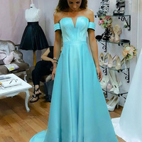 Baby blue A-line off-shoulder floor-length evening dress,prom dress for graduation - Thumbnail 1