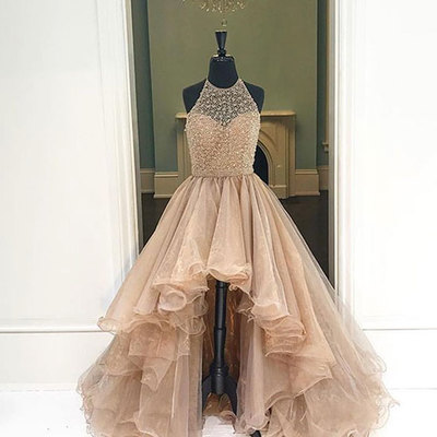 Champagne high-low organza prom dresses for teens, evening dresses - Thumbnail 5
