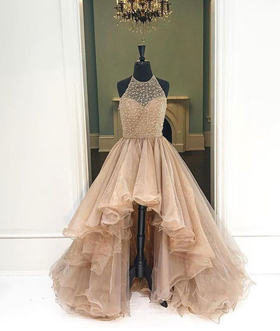 Champagne high-low Organza prom dresses for teens, evening dresses