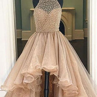 Champagne high-low Organza prom dresses for teens, evening dresses - Thumbnail 1