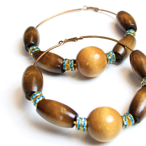 Large Wooden Rhinestone Hoop Earrings  - Thumbnail 2