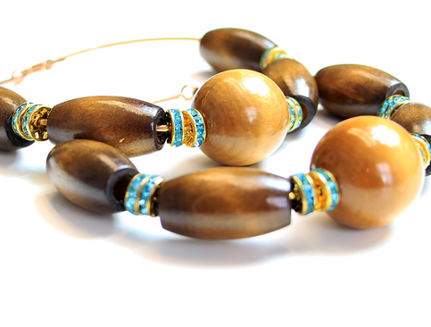 Large Wooden Rhinestone Hoop Earrings 