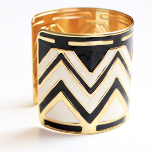 Black & White Geometric Wide Cuff Bangle Bracelet - Thumbnail 1