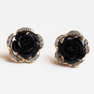 Rhinestone Rose Stud Earrings - Black - Thumbnail 1