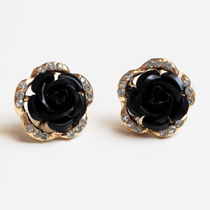 Rhinestone Rose Stud Earrings - Black