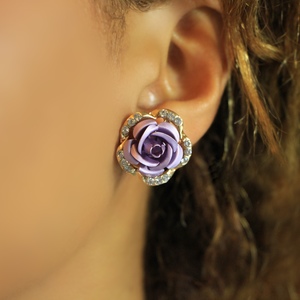 Rhinestone Rose Stud Earrings - Purple - Thumbnail 1