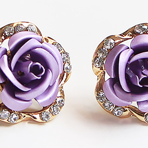 Rhinestone Rose Stud Earrings - Purple - Thumbnail 2