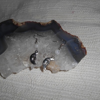 Rainbow moonstone and tibetan silver moon earrings
