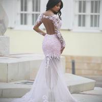 Pink prom dress, long sleeves prom dress, open back prom dress, long prom dress, charming prom dress, sexy mermaid prom dress, PD15412 - Thumbnail 2