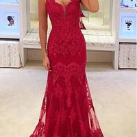 Red prom dress, long prom dress, lace prom dress, elegant prom dress, unique prom dress, modest prom dress, evening dress, PD15212 - Thumbnail 1