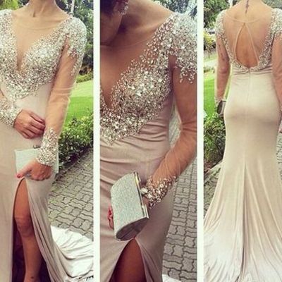 Long sleeves prom dress, beaded prom dress, sparkle prom dress, see through prom dress, gorgeous prom dress, side split prom dress, pd15092