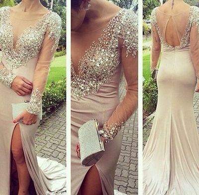 Long Sleeves prom dress, beaded prom dress, sparkle prom dress, see through prom dress, gorgeous prom dress, side split prom dress, PD15092