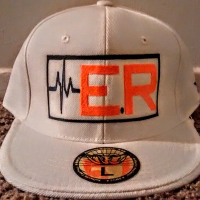 E.r (emt) (white,orange,&black) fitted hat with stars.