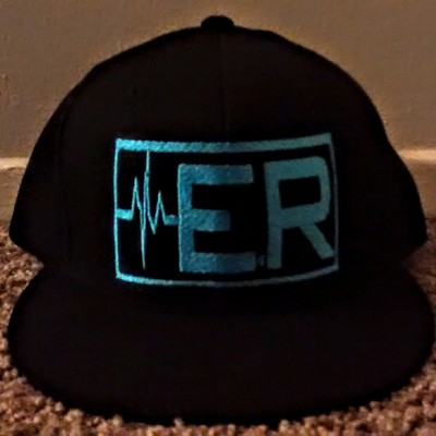 E.r (emt) (black&teal blue) fitted hat with stars.
