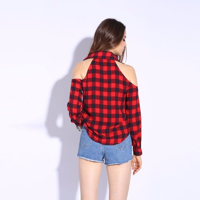 Red plaid off the shoulder blouse