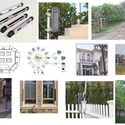 Solar-powered garden lamp with break-in alert barrier beams intrusion detector