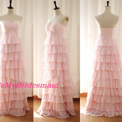 Cute pink chiffon sweetheart ruffled long prom dresses, pink party dresses, evening dress