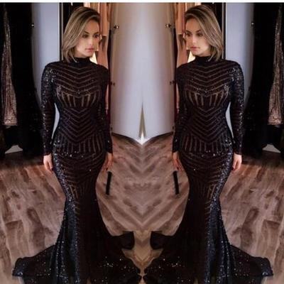 Long sleeve prom dresses bling bling black sequins high neck mermaid sexy celebrity gowns pageant evening dresses