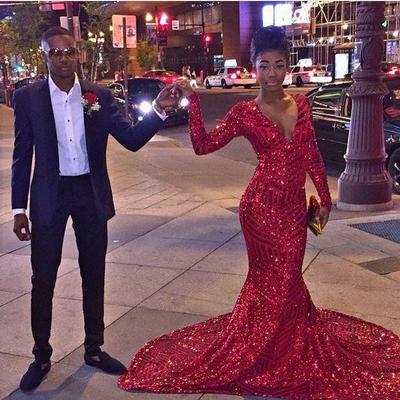 African Black Girl Prom Dresses Long Mermaid Style 2018 Sexy V Neck Long Sleeve Red Sequins Sweep Train Evening Gowns Special Occasion 2K18