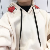 Harajuku rose flower embroidered hoodies - Thumbnail 1