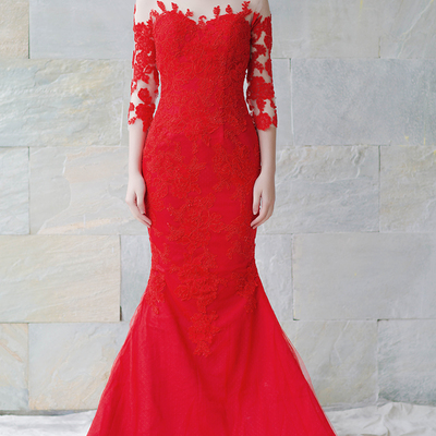 Mermaid long sleeves red lace wedding dress