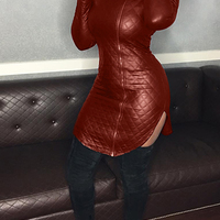 Trendy Leather Turtle Neck Mini Dress - Thumbnail 2