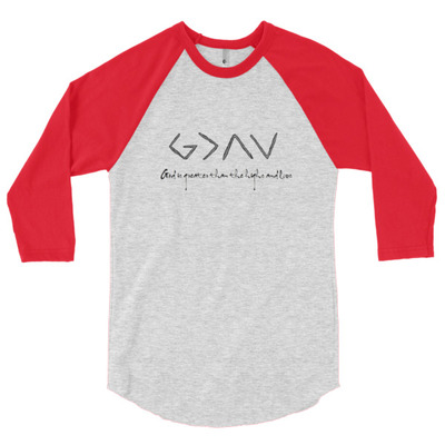 Unisex "god is greater" 3/4 sleeve raglan shirt (non-organic)
