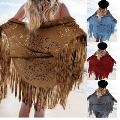 Women fashions faux suede leather cut out summer beach cover up kimono long fringes tassels shawls