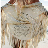 Women Fashions Faux Suede Leather Cut Out Summer Beach Cover Up Kimono Long Fringes Tassels Shawls - Thumbnail 2