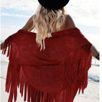 Women Fashions Faux Suede Leather Cut Out Summer Beach Cover Up Kimono Long Fringes Tassels Shawls - Thumbnail 3