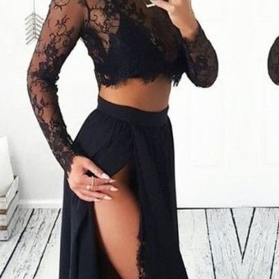 Sexy prom dress, leg slit prom dress, lace prom dress online, two pieces prom dress, high quality prom dress,bd1607049
