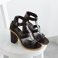 Roman T Strap Hollow Out Buckles Peep-Toe Sandals - Thumbnail 1