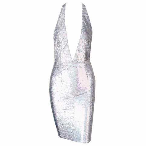 Silver Sequined Reflective V- Neck Dress