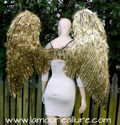 Extra Large Rhinestone Gold Angel Wings Cosplay Dance Costume Rave Bra Halloween Burlesque Show Girl