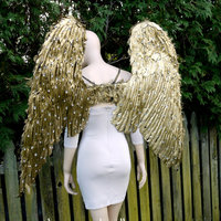 Extra Large Rhinestone Gold Angel Wings Cosplay Dance Costume Rave Bra Halloween Burlesque Show Girl - Thumbnail 3