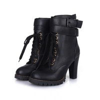 Classic Thicken Cross Belt High-Heeled Martin Boots - Thumbnail 1