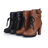 Classic Thicken Cross Belt High-Heeled Martin Boots - Thumbnail 2