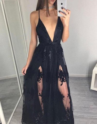 Black V-neck lace long prom dress,formal dress