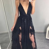 Black V-neck lace long prom dress,formal dress - Thumbnail 1