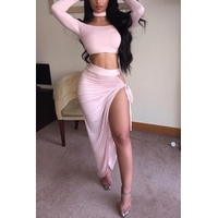 Sexy Bateau Neck Long Sleeves High Split Two-piece Skirt Set（Include Necklace） - Thumbnail 1