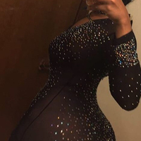 Sexy Deep V Neck Long Sleeves See-Through Black Gauze One-piece Skinny Jumpsuits - Thumbnail 1