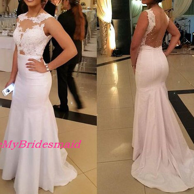 Pretty mermaid white prom gown with lace applique, white formal gowns, mermaid party gowns