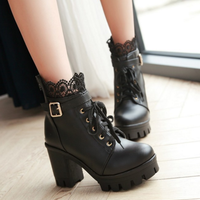 Lace Stitching High Heel Boots - Thumbnail 1