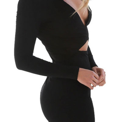 Sexy v neck long sleeves hollow-out mini dress